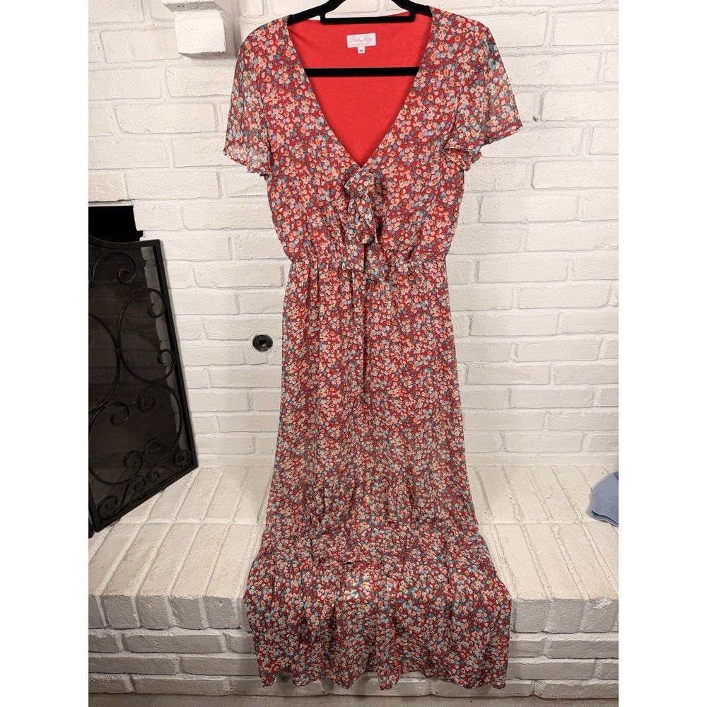 Pink Lily Floral Maxi Dress M Red Ditsy Ruffle Cottagecore Boho‎ Romantic